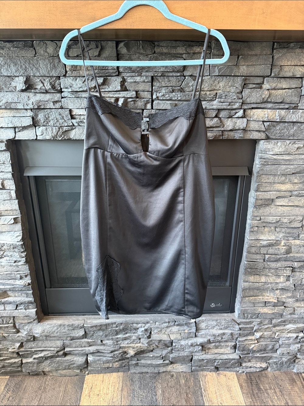 Dynamite Black Satin Slip Dress with Lace Trim